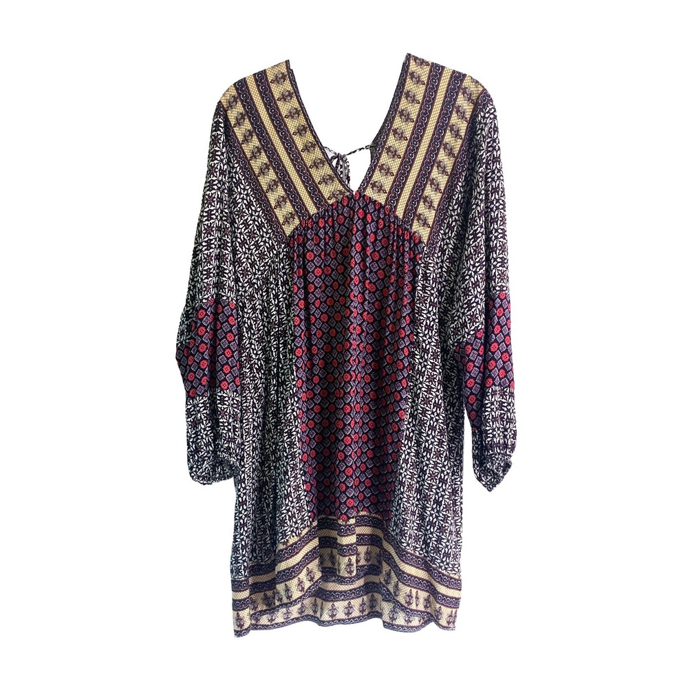 Umgee Patchwork Tunic Top Womens Sz L L/S Boho Navy Pink V Neck Tie Back